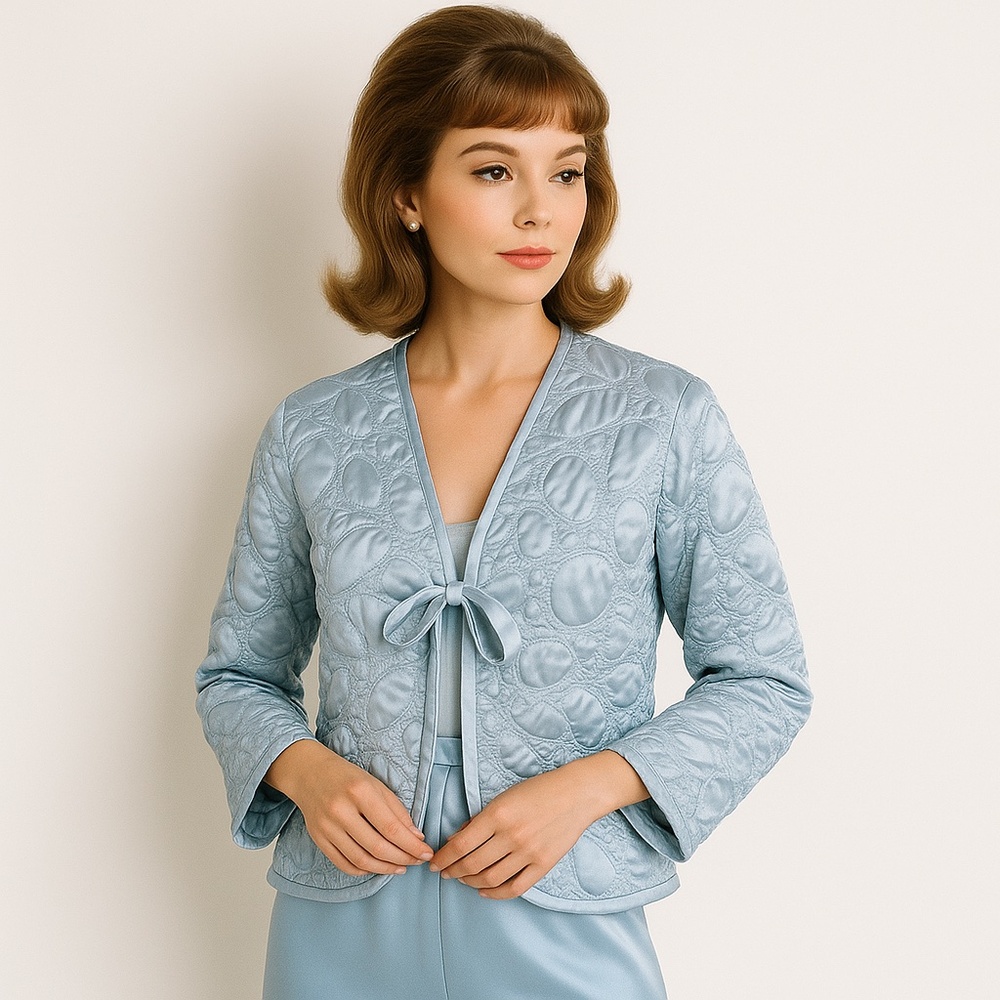 Oscar de la Renta Ice‎ Blue Quilted Satin Bow Jacket Vintage Old Hollywood S